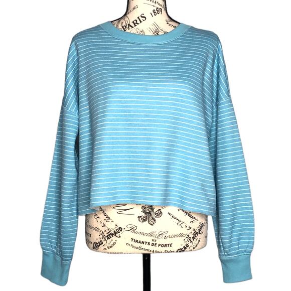 Flirtitude Active SMALL Lightweight Blue Striped Raw Hem Cropped Sweatshirt - Picture 1 of 10